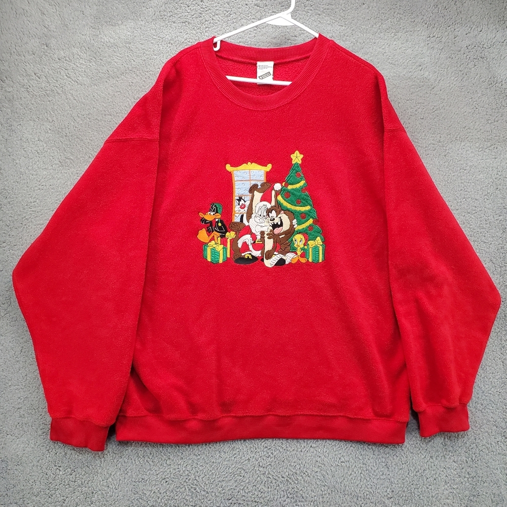 Vintage Looney Tunes Christmas Fleece Sweatshirt Unisex XXL Red Warner Bros 90s